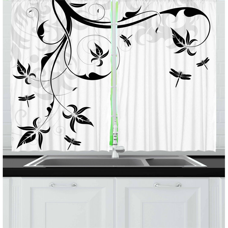 East Urban Home Floral Pointed 55'' Kitchen Curtain in Gray/White | Wayfair